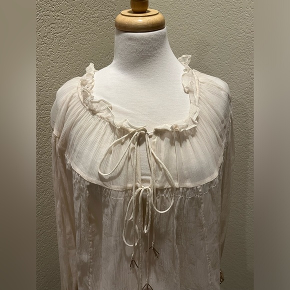 Free People Ivory Dream Sheer Split Neck Chiffon Sequin Cuff Boho Blouse Shirt S - Picture 4 of 8